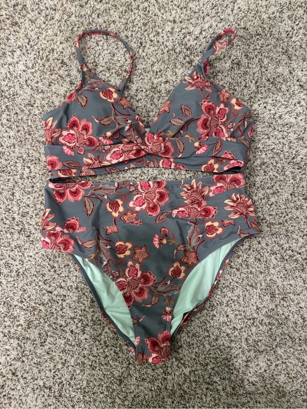Cupshe Gray One-Piece with Pink Floral Embroidery